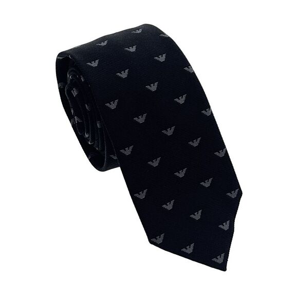 Emporio Armani Black Armani Logo Pattern Men's Tie – Made in Italy - Picture 1 of 4